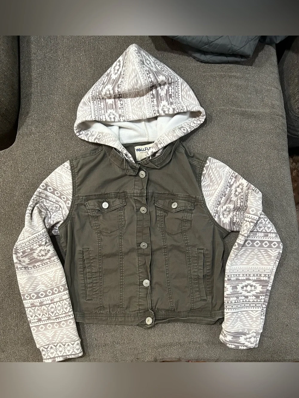 Wallflower Olive Jean Jacket with Gray Patterned Hood & Sleeves